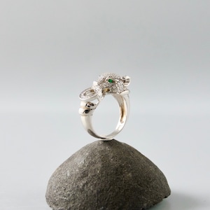 Panther Ring, Emerald, Sterling Silver 925, White Stones