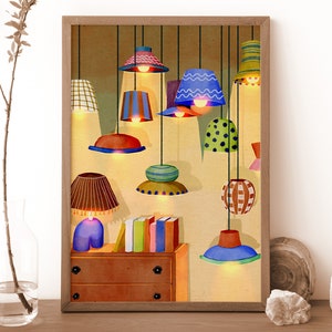May include: A framed illustration of a room with a dresser and a variety of colourful hanging lamps with different patterns and shapes.