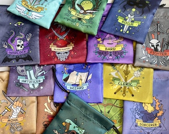 May include: A set of 14 colourful drawstring bags with different character class designs for Dungeons and Dragons. Each bag features a unique illustration and the class name, such as Paladin, Rogue, Druid, and Wizard.