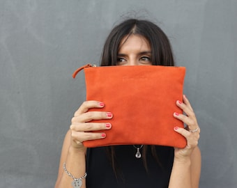 Orange leather shoulder bag, Personalized leather clutch, Small clutch bag, Orange leather small bag, Leather clutch, Orange leather clutch