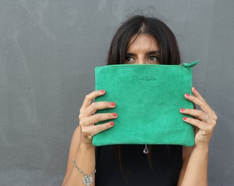 Green small leather bag, Green minimal bag, Suede clutch, Leather woman shoulder bag, Minimal clutch bag, Set leather clutch, Small clutch