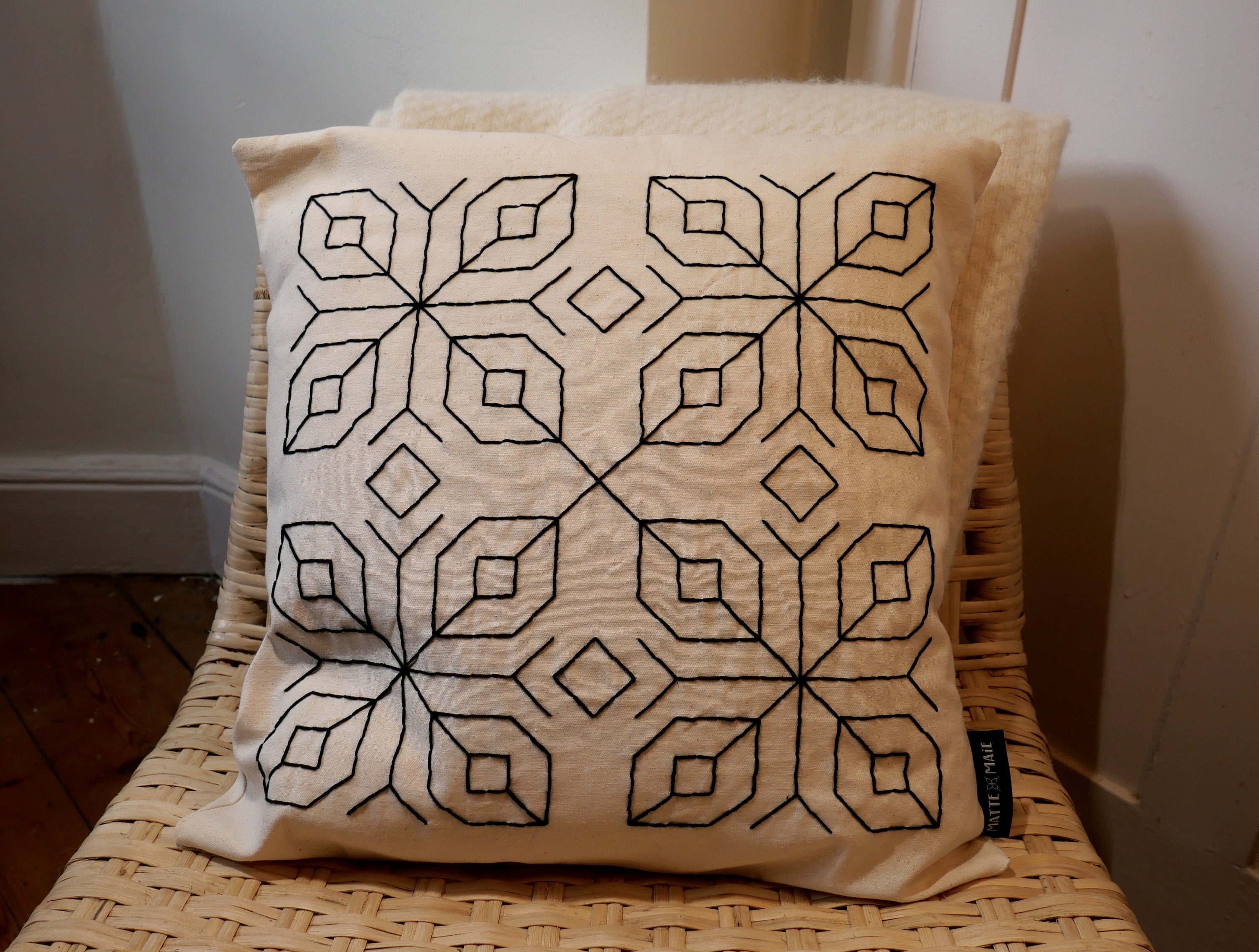 Hand Embroidered Blackwork Cushion Square Cotton Etsy