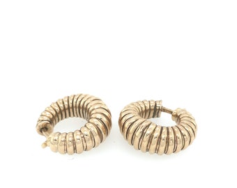 Mid-century Heavy 9k Gold Ribbed Hoop Earrings