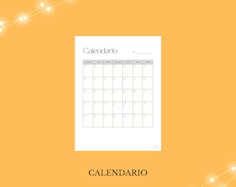 May include: A blank monthly calendar template with the word "Calendario" at the top and bottom of the page. The calendar is divided into seven columns for each day of the week and six rows for each week of the month.