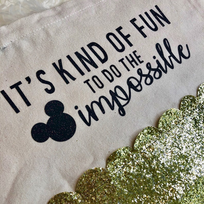 It/'s Kind of Fun to do the Impossible Walt Disney Inspired Quote Canvas Tote with Gold Glitter Edging