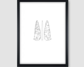 Flint knife, flint tools, flint print, flint illustration print, archaeology print