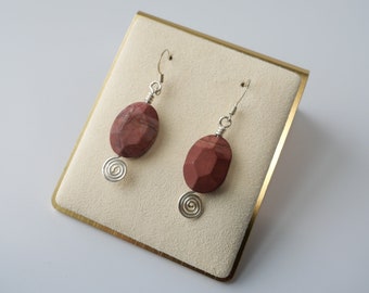 Silver, Geometric Spiral, Red Jasper Dangle Earrings, Hypoallergenic, Made in Maine, Inspired by Maine