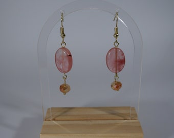 Gold, Pink Agate Dangle Earrings, Hypoallergenic, Made in Maine, Inspired by Maine