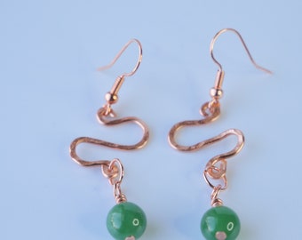 Copper and green jade bead earrings, Copper Snake Earrings, Hand Made Earrings. Made in Maine