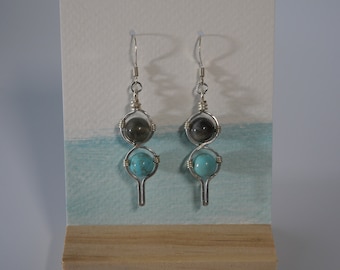 Abstract Wire Earrings, Labradorite and Imitation Turquoise Bead earrings, inspired by Maine, Made in Maine, Maine Art, Maine Jewelry