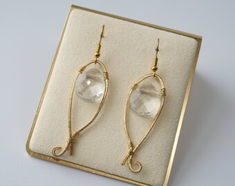 Gold and Crystal Glass bead earrings, Statement Large Gold Earrings, Hand Made Earrings. Made in Maine