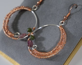 Abstract Wire Earrings, Silver, Copper & Watermelon Tourmaline inspired by Maine, Made in Maine, Maine Art, Maine Jewelry