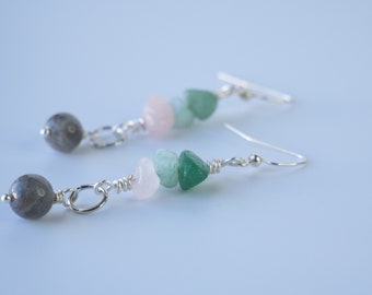 Crystal stack with Labradorite Bead earrings, inspired by Maine, Made in Maine, Maine Art, Maine Jewelry, Maine Art.