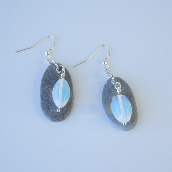 Maine Beach Rock and Opalite Bead Statement Earrings, inspired by Maine, Made in Maine, Maine Art, Maine Jewelry, Maine Art.