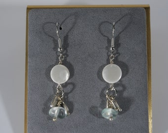 Silver, faux pearl & glass bead earrings, Coastal Earrings, Hand Made Earrings. Made in Maine