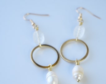 Gold, Geometric, Fresh Water Pearl and Carved Glass Earrings, Hypoallergenic, Made in Maine, Inspired by Maine