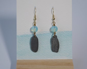 Maine Beach Rock & Glass Bead Statement Earrings, inspired by Maine, Made in Maine, Maine Art, Maine Jewelry, Maine Art.