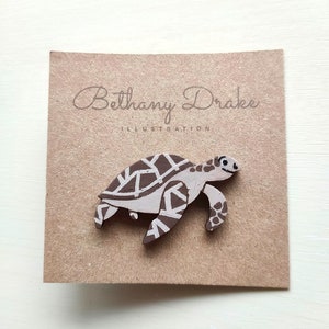 Wooden Sea Turtle Pin, Hand-painted Tortoise Brooch, Turtle Lover Gift