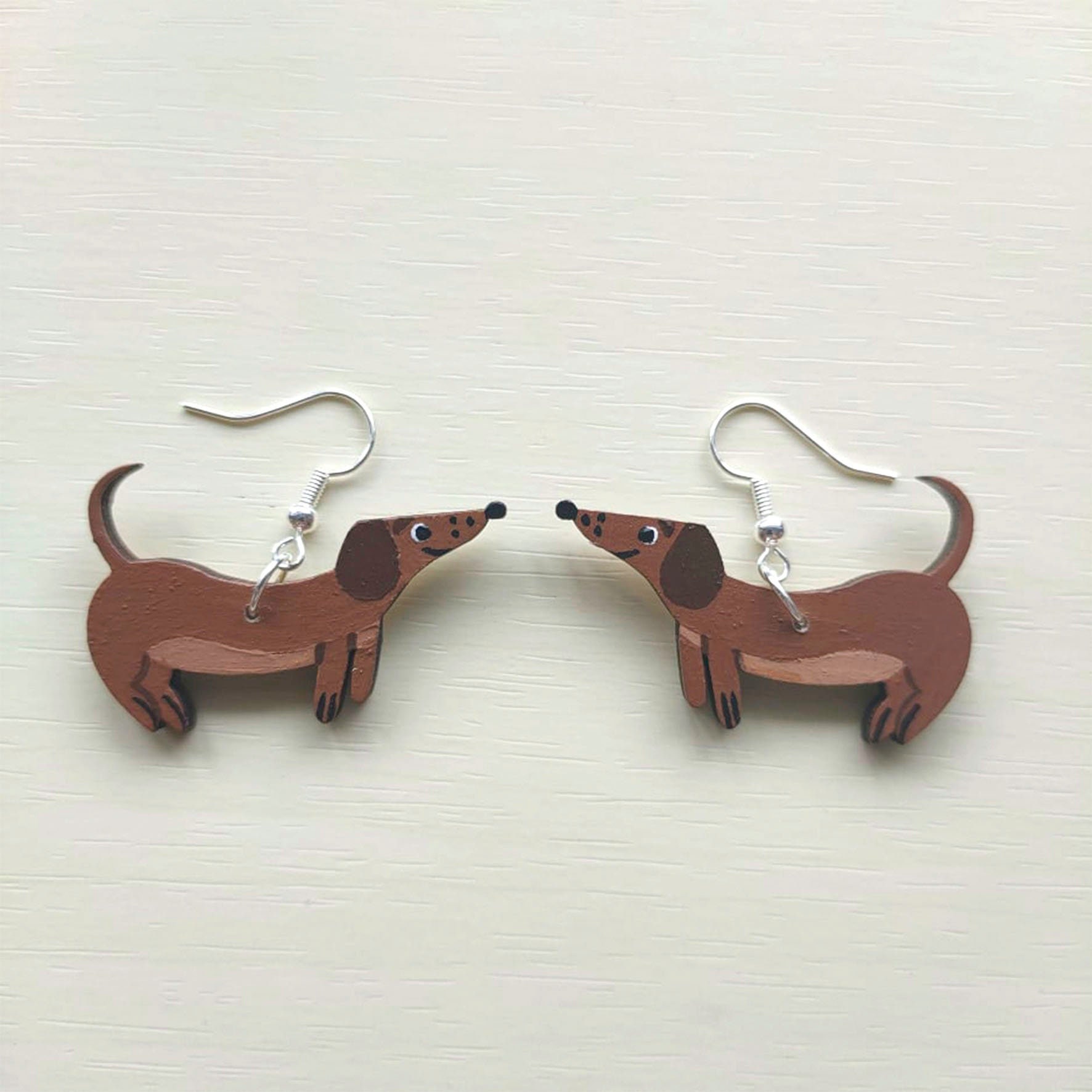 Wooden Sausage Dog Earrings Handpainted Dachshund Dangly Etsy UK