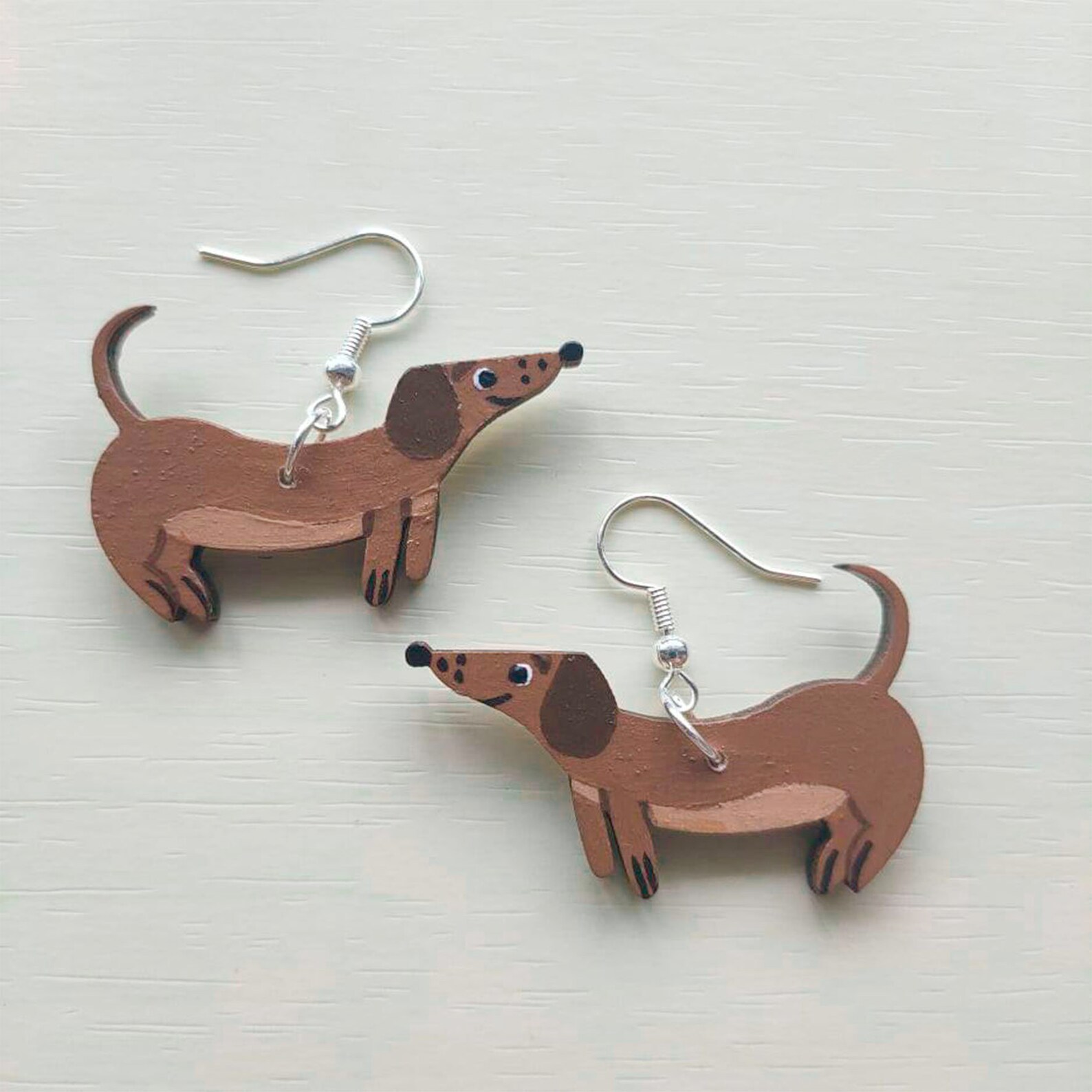 Wooden Sausage Dog Earrings Handpainted Dachshund Dangly Etsy UK