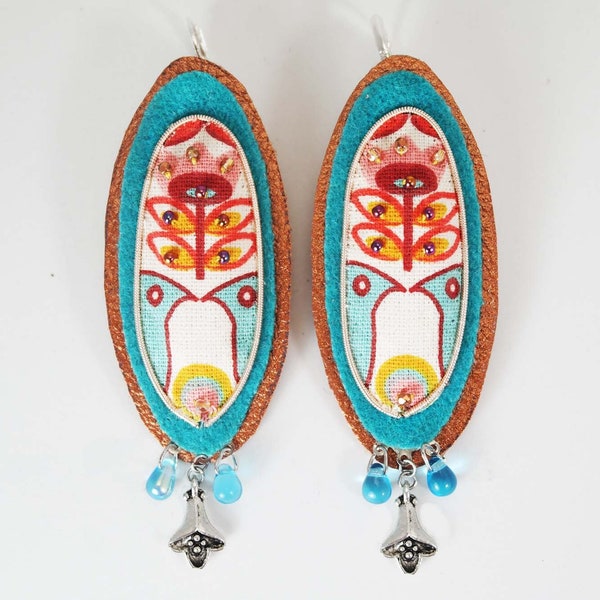 Boucles d'oreilles brodées à la main ovales tissu mexicain feutrine cuir perles jaseron, style vintage motif oiseau fleurs rétro Acapulco