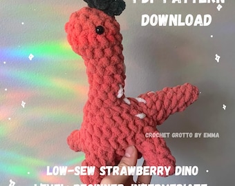 Mönster för virkad jordgubbsdinosaurie med låg sömnad | Amigurumi-handledning för fruktdinosaurier