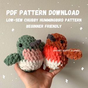 May include: Two crocheted plush hummingbirds, one green and one brown, with pink and white accents. The hummingbirds are beginner friendly and low-sew. PDF pattern download. Crochet Grotto by Emma.