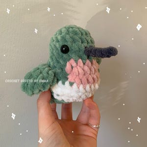 Könnte beinhalten: Ein gehäkeltes Kolibri-Plüschtier aus grünem, rosa und weißem Garn. Das Spielzeug hat einen langen, dunkelvioletten Schnabel und schwarze Augen.
