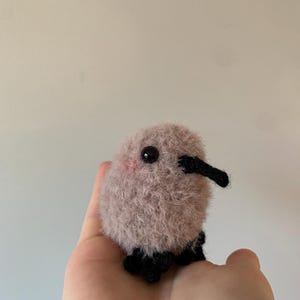 May include: A small, fluffy, crocheted stuffed animal in the shape of a bird. The bird is light brown with black eyes and a black beak. It has black crocheted legs.