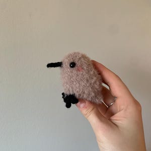 May include: A small, pink, fuzzy, crocheted bird with black eyes and a black beak. The bird is being held in a person's hand.