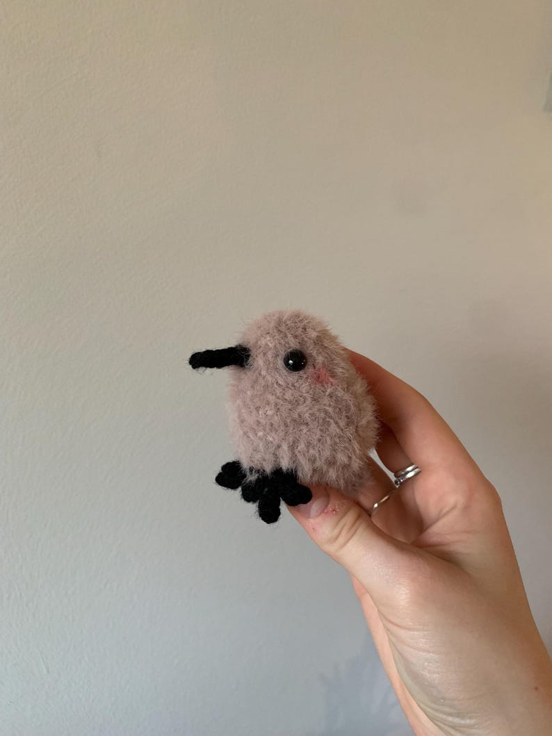 May include: A small, pink, fuzzy bird with black eyes and a black beak. The bird has black feet and is crocheted.