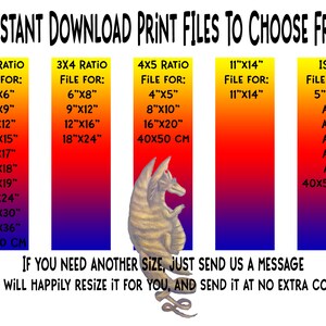 May include: A graphic showing different print file sizes for instant download. The graphic features a cartoon dragon and a gradient background of red, orange, yellow, blue, and purple. The text reads "5 Instant Download Print Files to Choose From!" and lists different file sizes for 2x3, 3x4, 4x5, 11"x14", and ISO ratios. The text also includes the following sizes: 4"x6", 6"x8", 4"x5", 11"x14", 5"x7", 6"x9", 9"x12", 8"x10", A5, 8"x12", 12"x16", 16"x20", A4, 10"x15", 18"x24", 40x50 cm, A3, 11"x17", A2, 12"x18", A1, 13"x19", 16"x24", 20"x30", 24"x36", 60x90 cm, 40x50 cm. The text also includes the following message: "If you need another size, just send us a message. We will happily resize it for you, and send it at no extra cost."