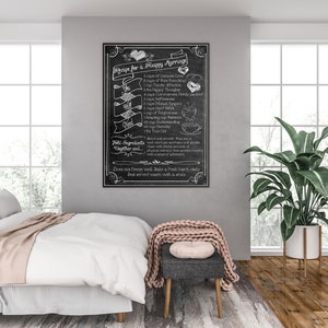 May include: A black chalkboard with white chalk writing that reads "Recipe for a Happy Marriage". The recipe includes ingredients such as "Genuine Love", "True Commitment", "Happy Thoughts", "Mutual Respect", "Forgiveness", "Understanding", and "The True Gift".