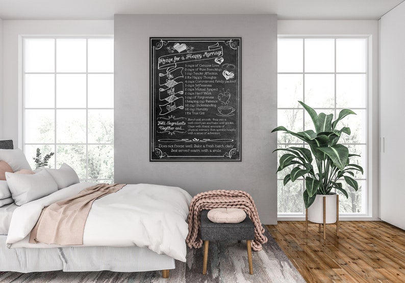 May include: A black chalkboard with white chalk writing that reads "Recipe for a Happy Marriage". The recipe includes ingredients such as "Genuine Love", "True Commitment", "Happy Thoughts", "Mutual Respect", "Forgiveness", "Understanding", and "The True Gift".