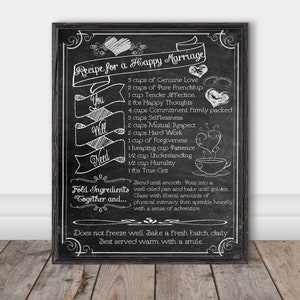 May include: Blackboard with a white chalk drawing of a recipe for a happy marriage. The recipe lists ingredients such as genuine love, pure friendship, tender affection, happy thoughts, commitment, selflessness, mutual respect, hard work, forgiveness, patience, understanding, humility, and true grit. The text reads "Recipe for a Happy Marriage" and "Fold Ingredients Together and..."