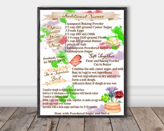 Housewarming Gift, Scones, Recipe Print, Watercolor Digital Download, Kitchen Art, Instant Print