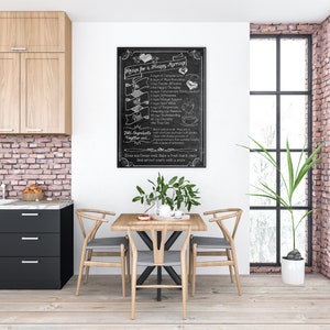 May include: A black chalkboard with white chalk writing that reads "Recipe for a Happy Marriage". The chalkboard is hanging on a white wall in a kitchen with a wooden table and chairs.