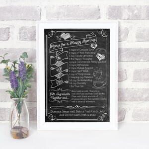 May include: A black and white chalkboard sign with a recipe for a happy marriage. The recipe includes ingredients like genuine love, pure friendship, tender affection, happy thoughts, commitment, selflessness, mutual respect, hard work, forgiveness, patience, understanding, humility, and the true grit. The sign is framed in a white frame.