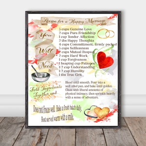 Happy Marriage Recipe, Digital Download, Wedding Gift, Valentine&#39;s Day, Printable Art, Digital Print