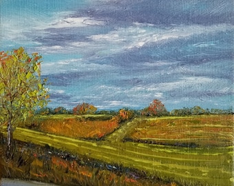 Original Oil / Landscape Painting / Canvas / 6x6 / Framed / Wisconsin Farm Fields / Home Wall Decor / "Labor and Leisure"