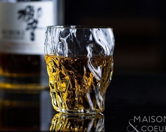 Japanese Whiskey Glass, Commemorative Whiskey Glass Crumpled Style, Handblown Unique Whiskey Glass, Scotch Glass, Whiskey Glass Gift