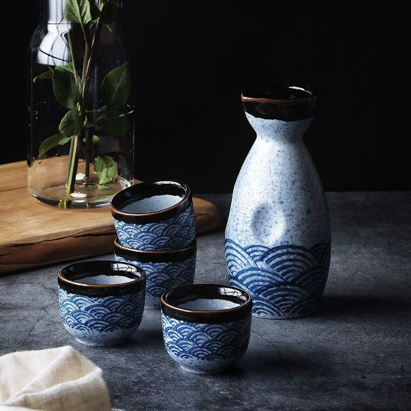 KCHAIN 7PCS Ceramic Sake Set Handcraft Traditional Pottery Black and Blue Color with 1PC Sake Carafe and 6PCS Sake Cups 