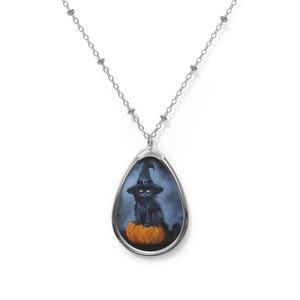 Witchy Cat Necklace – Cat on Pumpkin Oval Pendant – Spooky Cute Halloween Jewelry – Original Art Necklace – Gothic Cat Gift