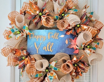 Fall Wreath, Thanksgiving wreath, Happy Fall Y'all, Autumn wreath, Pumpkins and fall leaves, fall door hager,