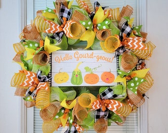 Fall wreath, Fall deco mesh wreath, Thanksgiving wreath, Fall door hanger, Autumn wreath, Gourds, pumpkins, front door wreath,