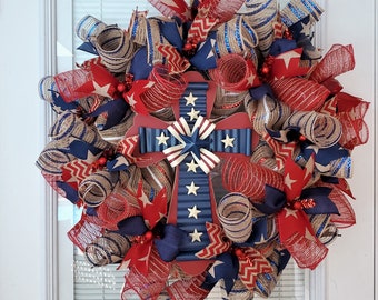 Patriotic Wreath, Military Wreath, 4th of July, Veterans Day Wreath, Cross Wreath, Religious Wreath, Independence Day, USA Wreath, Rustic,