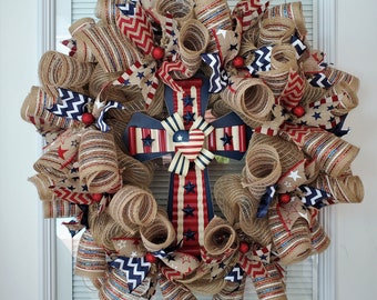 Patriotic Cross Wreath, Military Wreath, 4th of July, Veteran's Day Wreath, Cross, Religious Wreath, Independence Day, USA Wreath, Rustic