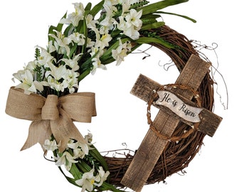 Easter Wreath, Easter wreath with cross, Rustic Easter wreath, Grapevine Wreath, Easter lily wreath, Easter door hanger, Spring wreath