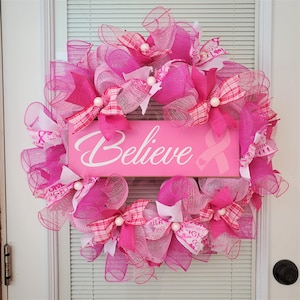 Breast Cancer wreath, breast cancer awareness, believe, pink ribbon wreath, cancer, pink ribbon, breast cancer awareness wreath, pink wreath