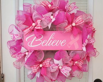 Breast Cancer wreath, breast cancer awareness, believe, pink ribbon wreath, cancer, pink ribbon, breast cancer awareness wreath, pink wreath